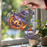 Halloween Teapot Acrylic Suncatcher, Stained Glass Style Jack O’Lantern with Witch Hat Pouring into Skull Cup, Spooky Window Hanging Décor